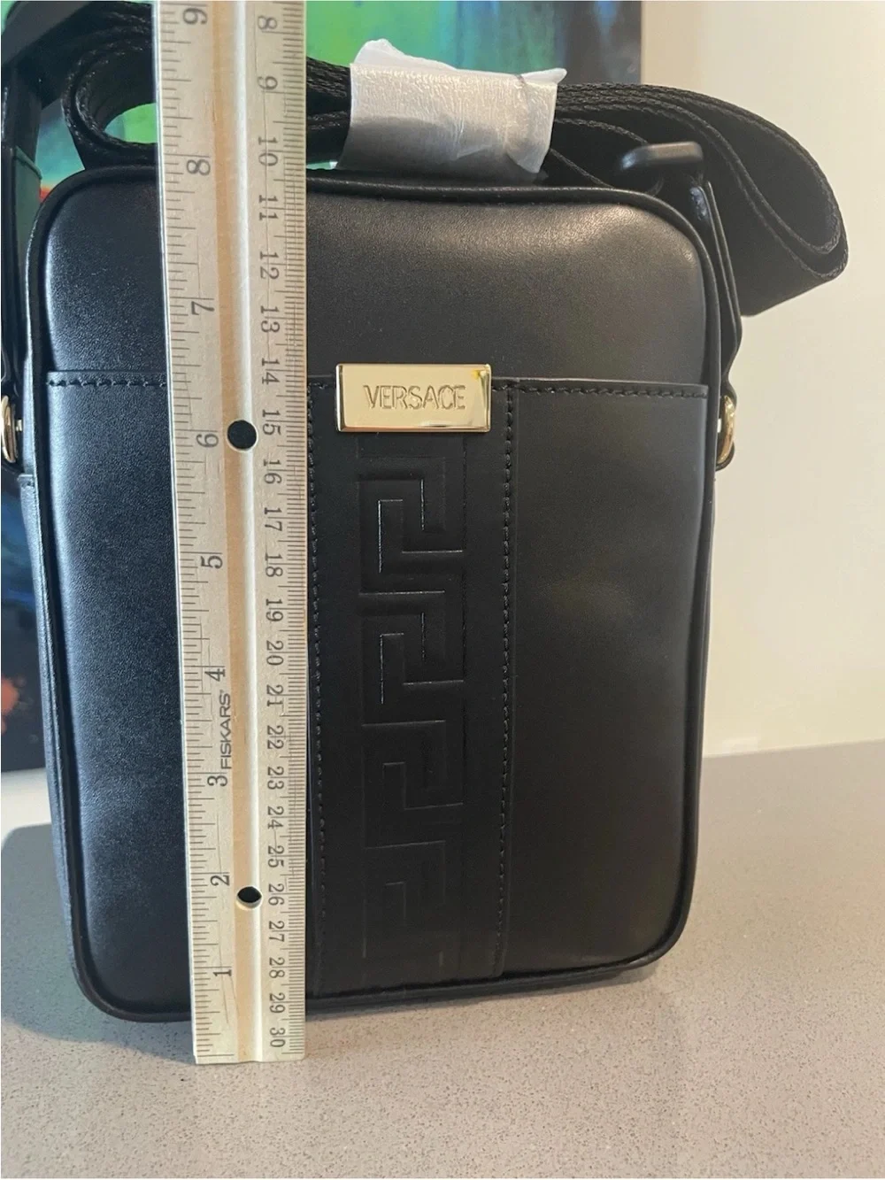 Versace Black Leather Messenger Crossbody with Gold Plaque